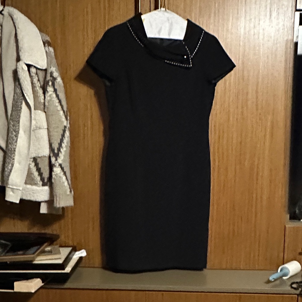 Tahari ASL Black Midi Dress with Embellished Collar